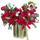 Bouquets Flowers. Reference image for our seasonal flower arrangement “Merry Golden Christmas” made with red roses, green and white tones that will make this arrangement the special gift of this season. Our flower shop is located in Miami.