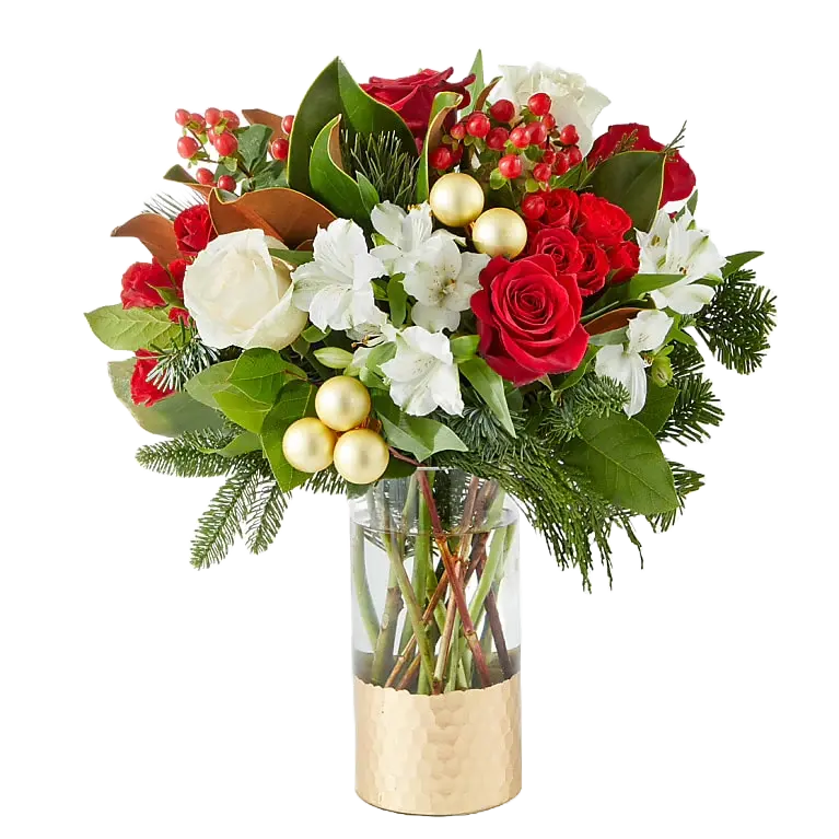 In Bouquets Flowers, we present our bouquet in vase “Joy and Christmas Joy”. It is made with red and white roses, astromelias, green foliage and Christmas decorations. Our flower shop is located in Miami. Size of bouquet with vase: Medium