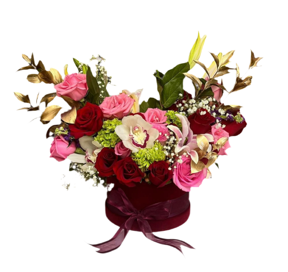 elegant pink flower box with roses and carnations for Mother’s Day infinity style gift Miami