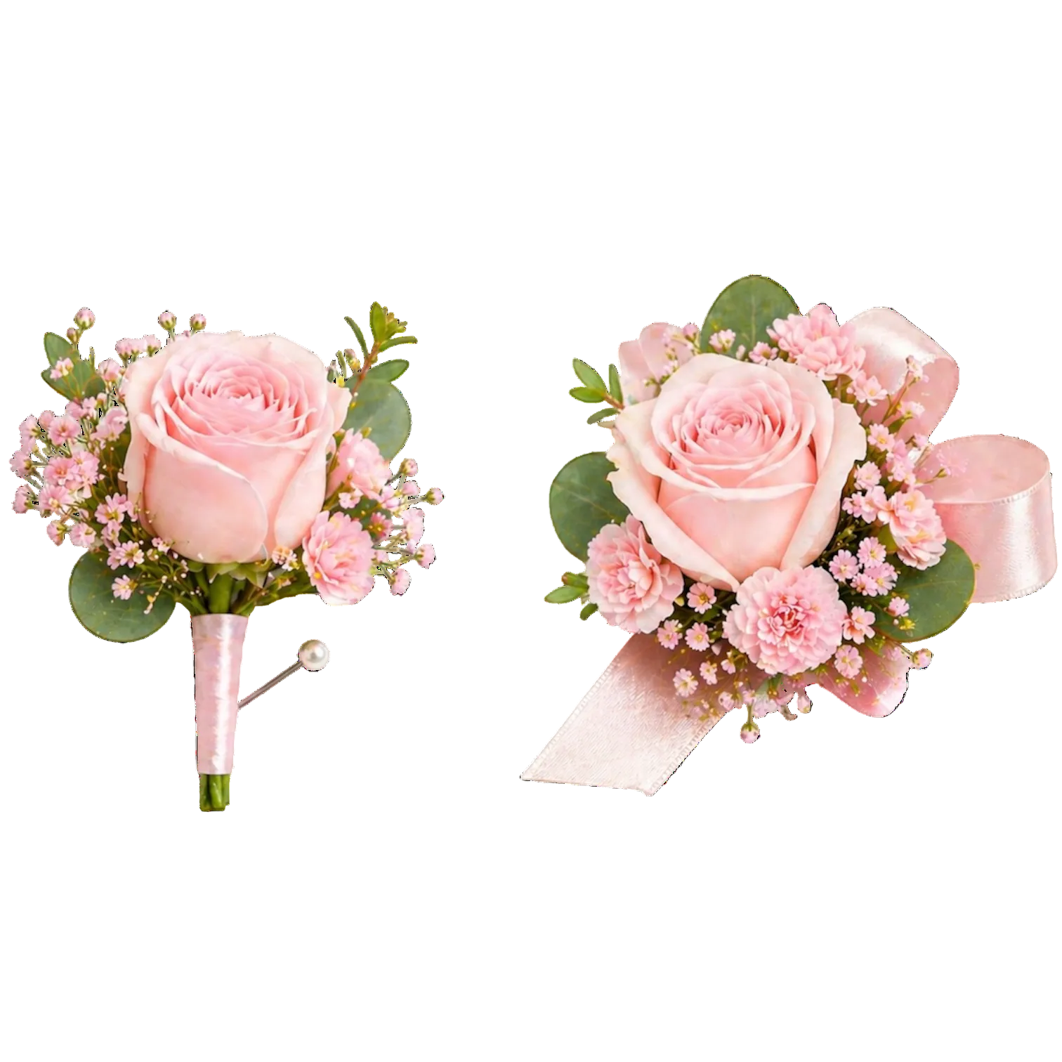 Elegant prom flower set with soft pink rose and mini carnations, designed for same-day delivery in Miami.