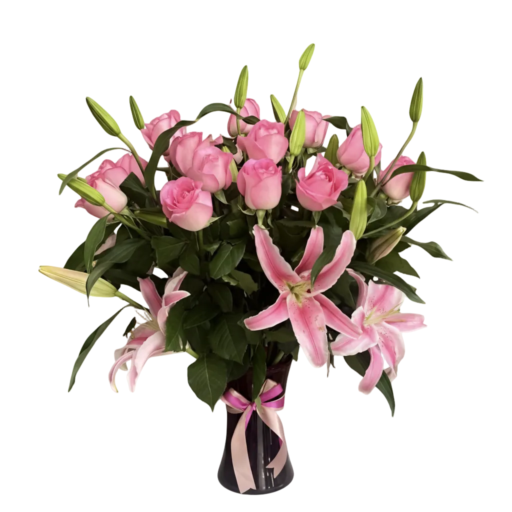 Elegant Mother’s Day flowers with pink roses and lilies in a glass vase delivered in Miami
