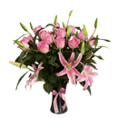 Elegant Mother’s Day flowers with pink roses and lilies in a glass vase delivered in Miami