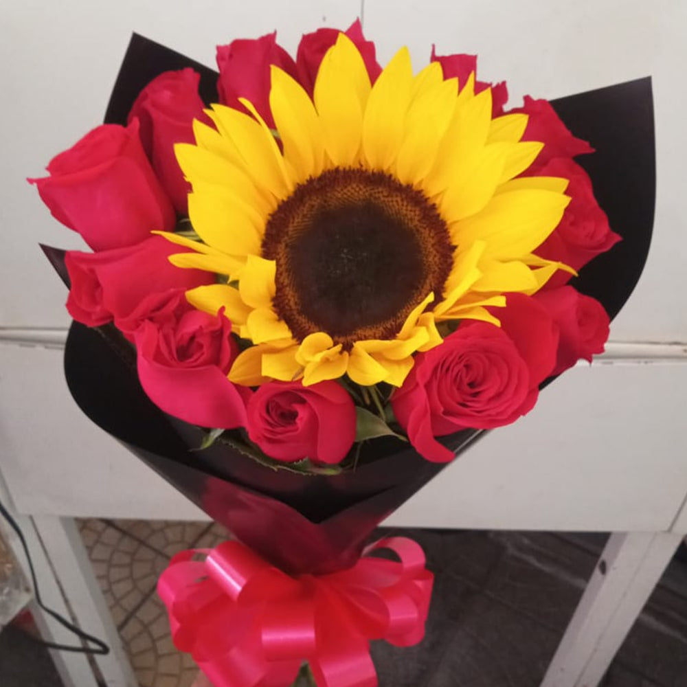 One Sunflower 12 Roses, Miami Flower Delivery, One Sunflower 12 Roses bouquet, radiant sunflowers, and stunning roses make the perfect pair to brighten any occasion, Miami flower delivery, bouquets, and gifts delivery, flowers, and more, flower delivery, Bouquets Flowers Miami