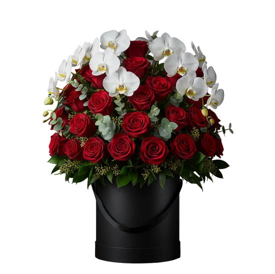 Arreglo Royal de Rosas Rojas y Orquídeas - Aniversario VIP Lujo