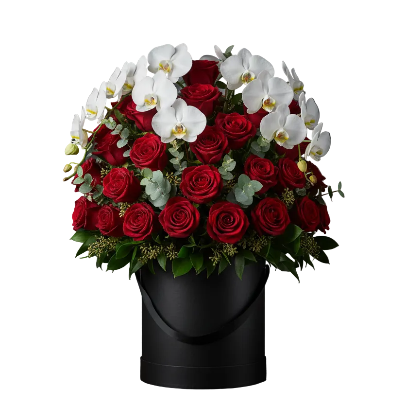 Arreglo Royal de Rosas Rojas y Orquídeas - Aniversario VIP Luxury