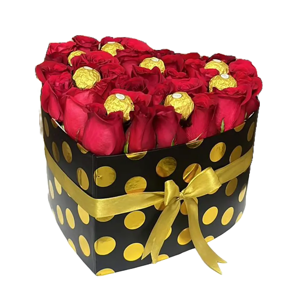 Image of heart-shaped box with red roses and chocolates chocolates, flowers gift for this christmas, Miami flower shop Bouquets Flowers Miami.