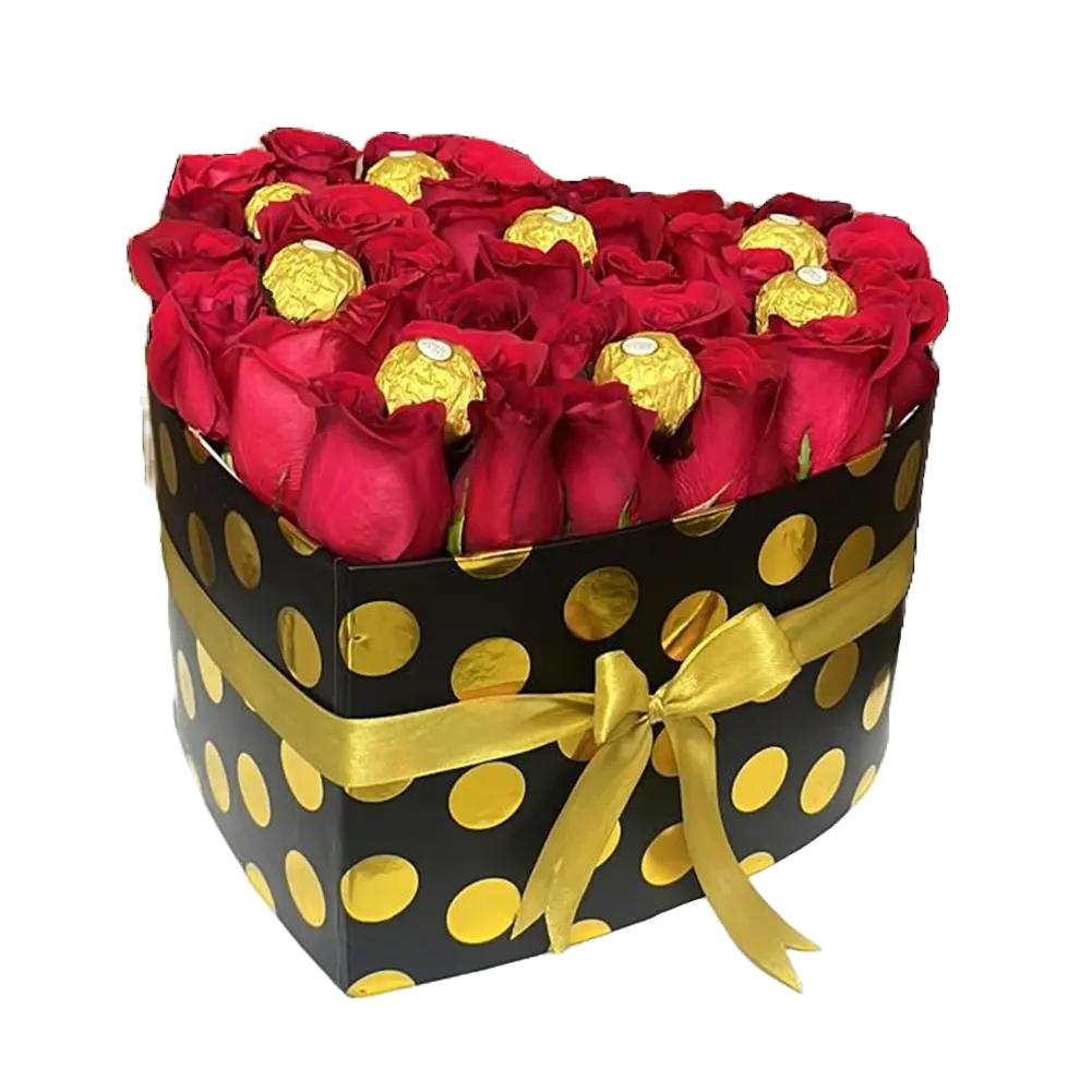 Image of heart-shaped box with red roses and chocolates chocolates, flowers gift for this christmas, Miami flower shop Bouquets Flowers Miami.