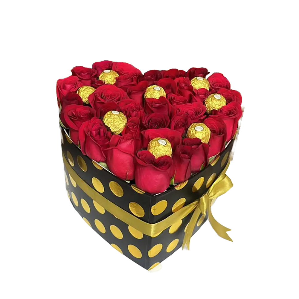 Image of heart-shaped box with red roses and chocolates chocolates, flower gift for Christmas, florist in Miami, Bouquets Flowers, image from above.