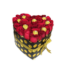 Image of heart-shaped box with red roses and chocolates chocolates, flower gift for Christmas, florist in Miami, Bouquets Flowers, image from above.