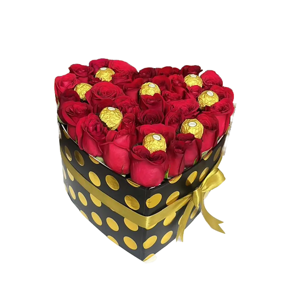 Image of heart-shaped box with red roses and chocolates chocolates, flower gift for Christmas, florist in Miami, Bouquets Flowers, image from above.