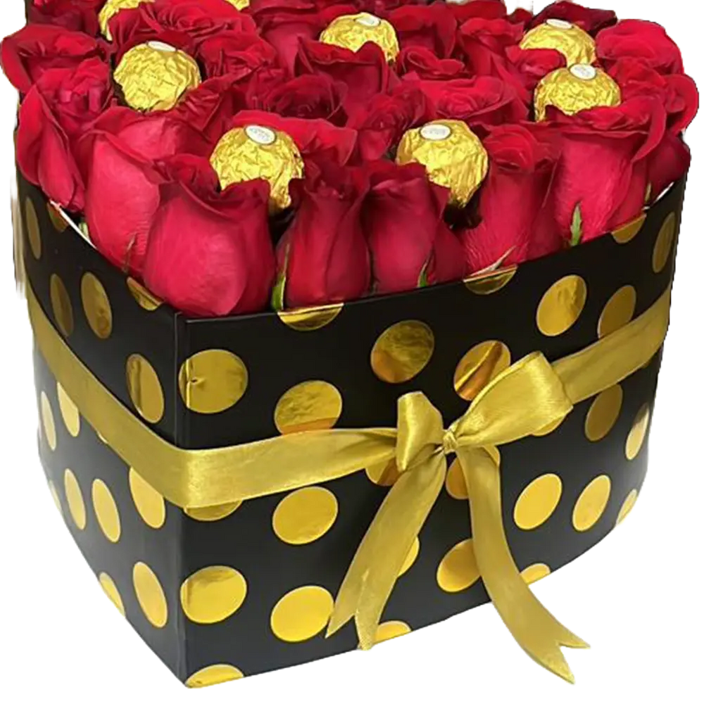 
                  
                    Image of heart-shaped box with red roses and chocolates, gift of flowers for Christmas, florist in Miami, Bouquets Flowers, image with detail of red roses and chocolates.
                  
                