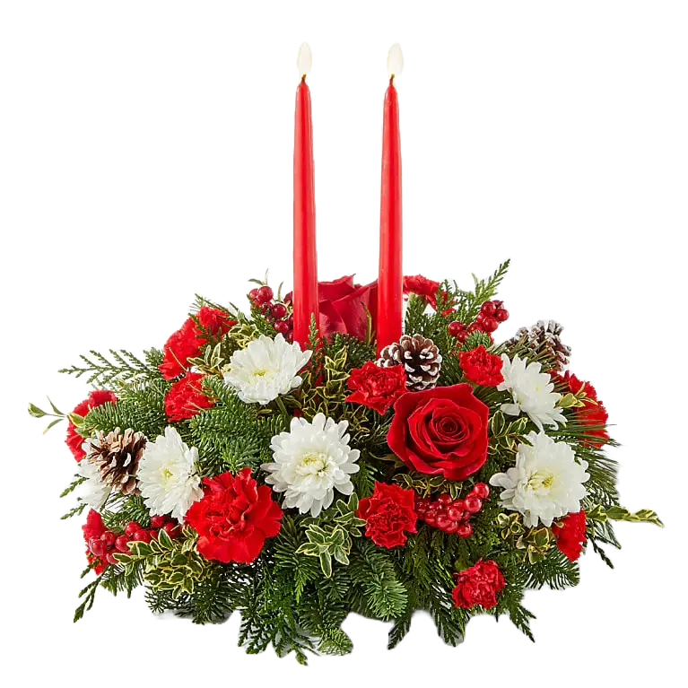 We present in this image our seasonal centerpiece, we made it with red roses, white carnations and daisies, the decoration is accompanied by two candles to decorate the dining table of your home. Our flower shop is located in the city of Miami. Bouquets Flowers, Size Medium.