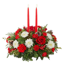 We present in this image our seasonal centerpiece, we made it with red roses, white carnations and daisies, the decoration is accompanied by two candles to decorate the dining table of your home. Our flower shop is located in the city of Miami. Bouquets Flowers, Size Medium.