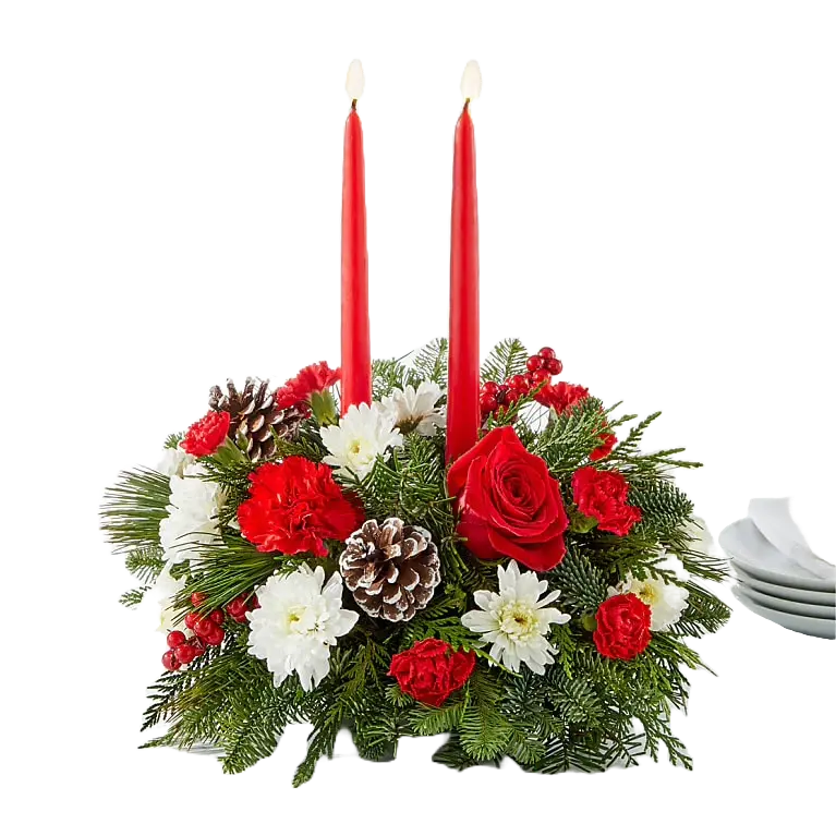 We present in this image our seasonal centerpiece, we made it with red roses, white carnations and daisies, the decoration is accompanied by two candles to decorate the dining table of your home. Our flower shop is located in the city of Miami. Bouquets Flowers, Size Standard.