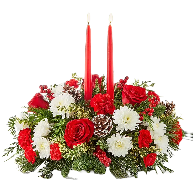 
                  
                    We present in this image our seasonal centerpiece, we made it with red roses, white carnations and daisies, the decoration is accompanied by two candles to decorate the dining table of your home. Our flower shop is located in the city of Miami. Bouquets Flowers, Size Deluxe.
                  
                