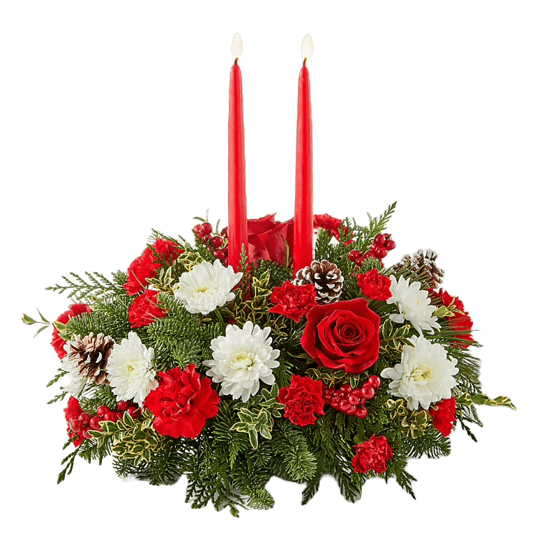 
                  
                    We present in this image our seasonal centerpiece, we made it with red roses, white carnations and daisies, the decoration is accompanied by two candles to decorate the dining table of your home. Our flower shop is located in the city of Miami. Bouquets Flowers, Size Medium.
                  
                