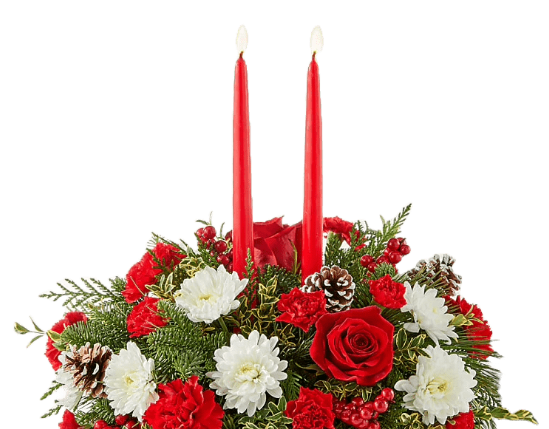 centro de mesa de temporada, lo hicimos con rosas rojas, claveles blancos y margaritas, la decoración se acompaña de dos velas para decorar la mesa de comedor de su hogar. Nuestra floristería se encuentra en la ciudad de Miami. Flores De Ramo, Tamaño Medio.