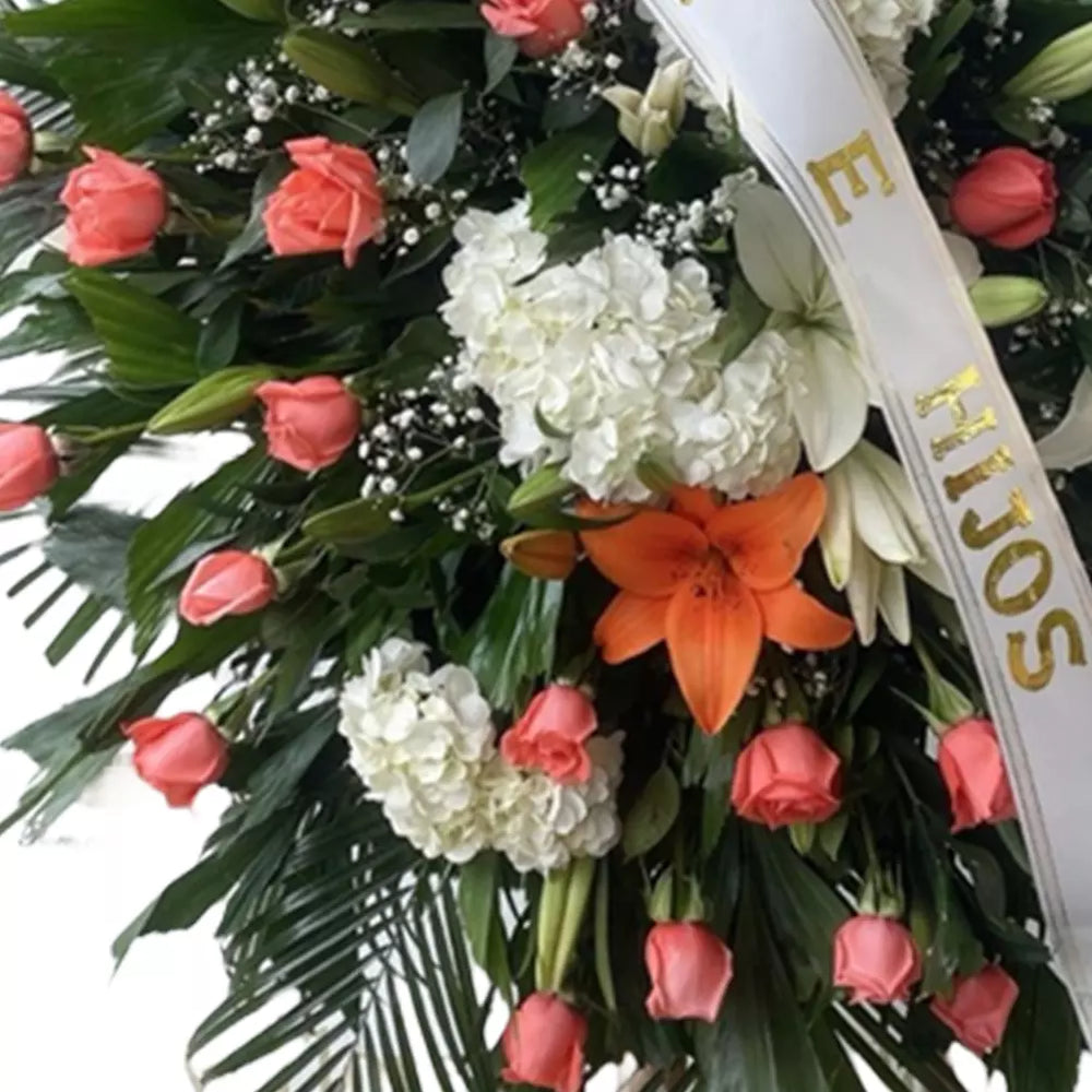 
                  
                    Corona Funeraria Tranquilidad, Simpatía y Condolencias en Miami, es un hermoso tributo para honrar a su ser querido, adornada con delicadas flores blancas y rosadas, simpatía y condolencias, arreglos de simpatía, flores de simpatía. Bouquets Flowers Miami
                  
                