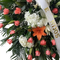 Corona Funeraria Tranquilidad, Simpatía y Condolencias en Miami, es un hermoso tributo para honrar a su ser querido, adornada con delicadas flores blancas y rosadas, simpatía y condolencias, arreglos de simpatía, flores de simpatía. Bouquets Flowers Miami