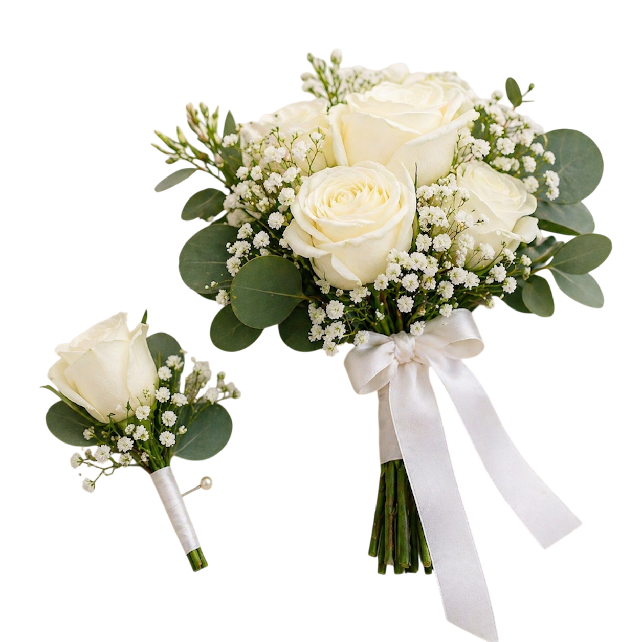 Elegant white prom bouquet and matching boutonniere crafted with roses and eucalyptus, available for same day flower delivery in Miami