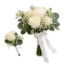 Elegant white prom bouquet and matching boutonniere crafted with roses and eucalyptus, available for same day flower delivery in Miami