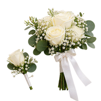 Elegant white prom bouquet and matching boutonniere crafted with roses and eucalyptus, available for same day flower delivery in Miami